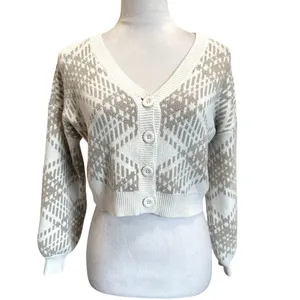 Hollister XS Cream Diamond Pattern Cropped Cardigan VNeck Button Front Knit Cozy thumbnail 2
