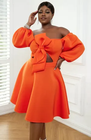 AOMEI vibrant orange off-shoulder dress woth bow thumbnail 1