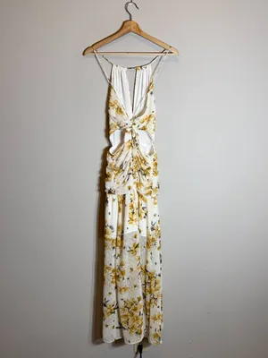 Hello Molly Just Us Floral Maxi Dress Womens Medium White Yellow Slits Open Back thumbnail 7