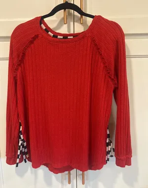 Tru Luxe Jeans Red Textured Knit Top Side Tie Checkered Trim gameday Small thumbnail 1