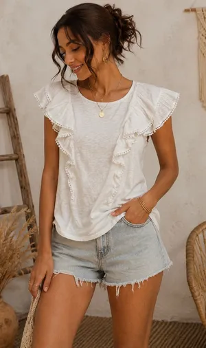 Sézane S Top Ruffle Swiss Dot Pom Pom Lace Slub Organic Cotton White Feminine thumbnail 1