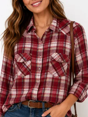 Love Stitch Play The Field Burgundy Plaid Button UP Shirt Size M thumbnail 5