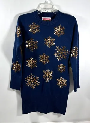 Tipsy‎ Elves Blue Mini Sweater Dress With Gold Sequin Snowflakes Size XS NWT thumbnail 1