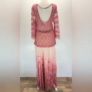 Sheer Mauve Mixed Lace Bell Sleeve Top Eyelash Fringe Gimmicks by BKE Fairy Boho thumbnail 13