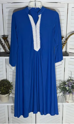 Vintage 70s kaftan dress royal blue hippie boho white cotton lace embroidery M thumbnail 1