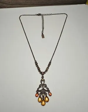 1928 Collection Rhinestone Pendant Copper Tone Necklace Orange / Amber Shades thumbnail 1