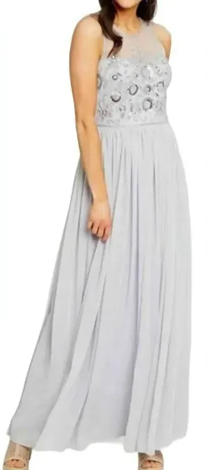 ALTAR'D STATE GREY VUSEN BEADED SEQUIN EMBELLISHED MESH MAXI DRESS Size SMALL) thumbnail 1