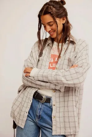 Free People Oversized Bohemian Grunge 90s Fall Cardiff Plaid Top Shirt Large thumbnail 1