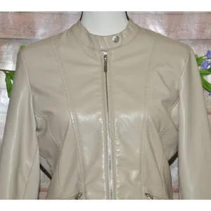 Therapy Faux Leather Moto Jacket Tan Stretch Panels Women’s Size S Zip Pockets thumbnail 2