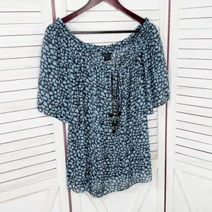 Moda International Printed Beaded Sheer‎ Peasant Blouse Blue Black Medium thumbnail 7