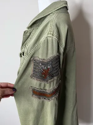 Free People Green Military Embroidered Beaded Shirt Jacket thumbnail 7