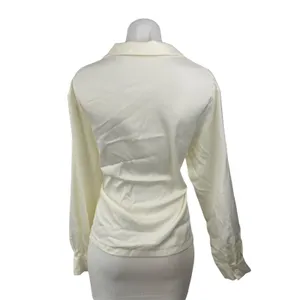 Commense Women's White Satin Long Sleeve Tie Front Shirt Tunic Wrap Blouse Top S thumbnail 2