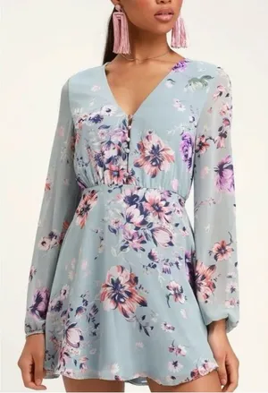 Lulus Always Yours Light Blue Floral Print Long Sleeve‎ Skater Dress SMALL thumbnail 1