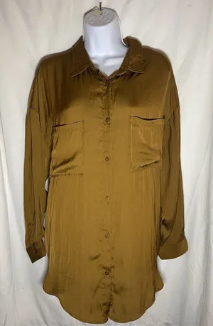 Blue Blush Womens Medium Olive Brown Satin Button Down Shirt Oversized Pocket To thumbnail 1