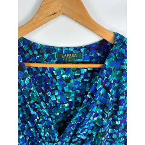 Lauren Ralph Lauren Blue Green Patterend V Neck Dress Size 12 thumbnail 2