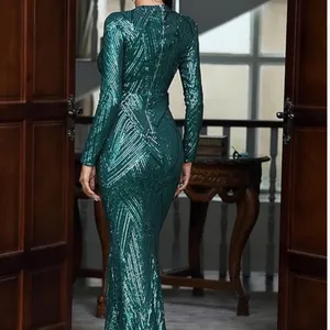 Emerald Green Sequin Geometric Chevron Maxi Dress Long Sleeve Mock Neck Gown thumbnail 2