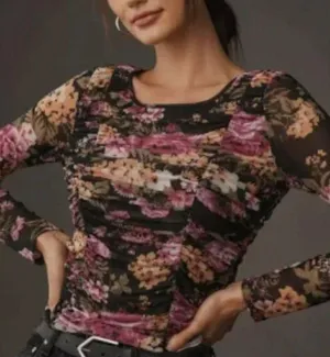 Maeve Long-Sleeve Sheer Ruched Black & Pink Floral Top in Small EUC thumbnail 1