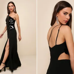 LULUS Prom Wedding Bridesmaid One Shoulder Sparkly Satin Maxi Gown NWOT thumbnail 3