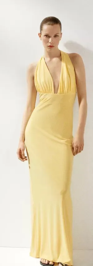 Zara Butter Yellow Halter Maxi Dress with Plunging Halter Neckline Scarf Wedding Party thumbnail 1