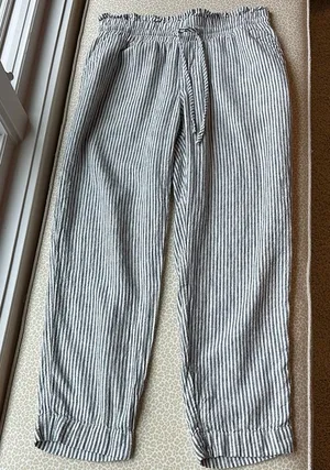 A new day stripped cropped linen blend drawstring pants with pockets size S thumbnail 1