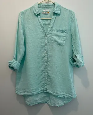 C&C California Women's Small 100% Linen Button Up Shirt Aqua Roll Tab Sleeve thumbnail 1
