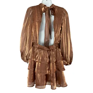 NWT‎ Lulus Dress Ideal Behavior Bronze Metallic Backless Tiered Mini Dress Small thumbnail 6