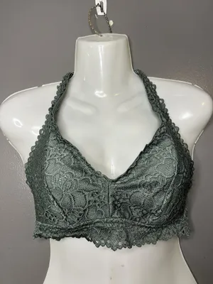 Aerie Bralette Bra Womens Medium Green Lace Wireless Halter Lined Longline thumbnail 1