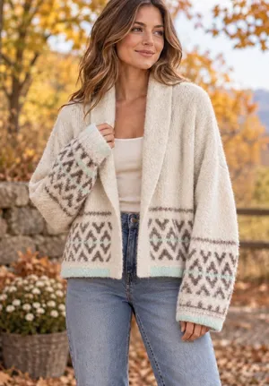 ana a new approach Womens Large Cream Fair Isle Shawl Collar Cardigan Sweater thumbnail 1
