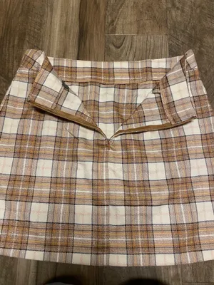 Sans Souci Lurex Plaid Mini Skirt with Front Slit - Beige & Cream Size Medium thumbnail 9