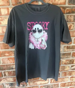 Comfort Colors Pepper Tee with Pink 'Spooky' Ghost Graphic thumbnail 1