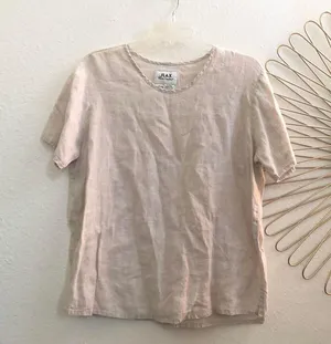 FLAX Jeanne Engelhart Woven Linen Short Sleeve Boho Tunic Shirt Top Blouse Lagenlook Cream Beige - S #cottagecore #hippie #bohemian #indie #hipster Measurement in pics thumbnail 1