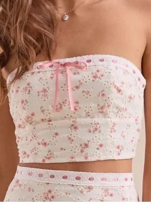 Altar'd State White & Pink Floral Eyelet Embroidered Bandeau Crop Top Medium thumbnail 1