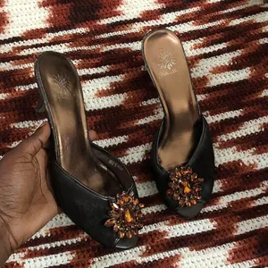 Yellow Box Y2K Glamour Evening Brown Black Gold Genuine Leather Jewel Fur Hair Kitten Heel Shoes Pumps Sandal Mules Open Peep Toe #whimsygoth #prom #dinner #evening #formal Size 7.5 thumbnail 1