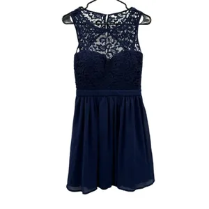 Lulus Romantic Tale Navy Blue Crochet Lace Open‎ Back Mini Skater Dress Size M thumbnail 3