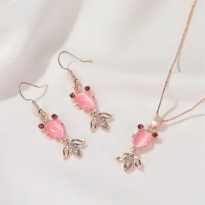14K Rose Gold Plated Gold Fish Jewelry Set Fish Pendant Necklace Pink Crystal Fish Dangle Drop Earrings(2pcs/set) thumbnail 2