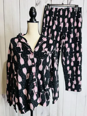 Charter Club Intimates Pajama Set Sz L Black Pink Wine Glasses Fleece Pockets thumbnail 1