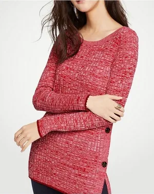 Ann Taylor Red Pink Marled Ribbed‎ Side Button Sweater sz M thumbnail 1