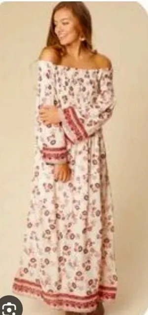 Altar'd State White Off-Shoulder Floral Maxi Dress with Pink Border thumbnail 1