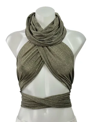 EROS Womens Brown Metallic Halter Cowl Neck Tie Back Crop Fashion Wrap Top Sz XS thumbnail 1