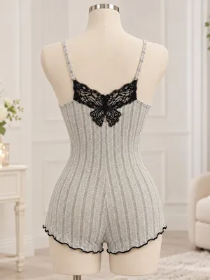 Khaki Gray Ribbed Lace Butterfly Back Lounge Romper NWT Size Small thumbnail 2
