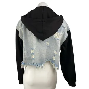 Dance & Marvel Blue Black Hoodie Hooded Distressed Crop Denim Jean Jacket Size S thumbnail 2