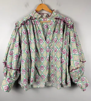 Karlie puff sleeve ruffle green pink block print floral blouse size large thumbnail 1