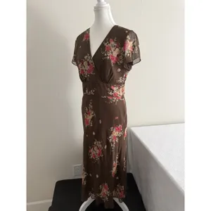 David Warren Silk Floral Midi Dress Brown Y2K 90s Empire Waist Cap Sleeve‎ 8 EUC thumbnail 3