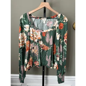 Anthropologie Tiny Scoop-Neck Raglan Green Floral Long Sleeve Top NWT Small thumbnail 2