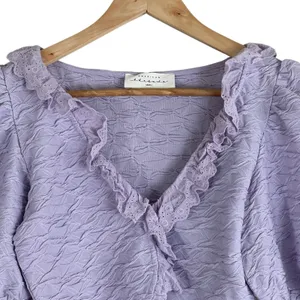American Threads Coquette Puff Sleeve Crop Top Purple Ruffle Textured V-Neck S thumbnail 2