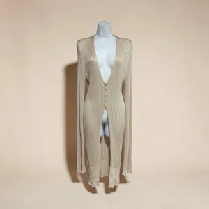 Free People Vie Boheme Cardi Sandcastle Tan Ribbed Knit Slit Cardigan Large L thumbnail 4