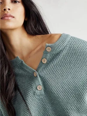 Free People Beach Hailee Henley Sweater Chunky Knit Oversized-Large thumbnail 3