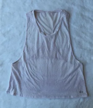 Alo Yoga Striped Mesh Cropped Light Pink Tank Top thumbnail 1
