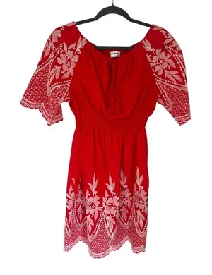 Kindred Anthropologie Dress Small‎ Red Embroidery Tassel Peasant Boho Scallop thumbnail 1