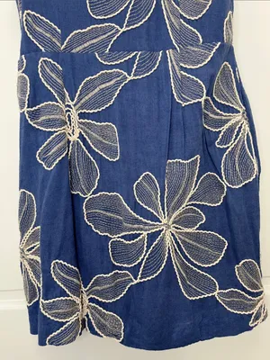 Loft Blue w/ Creme Floral Embroidered Ruffle Neckline Mini Dress - Size 10 thumbnail 10